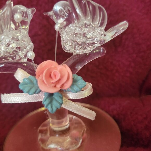 Glass Lovebirds With Pink Rose & Ribbon On Glass Base - Picture 3 of 5